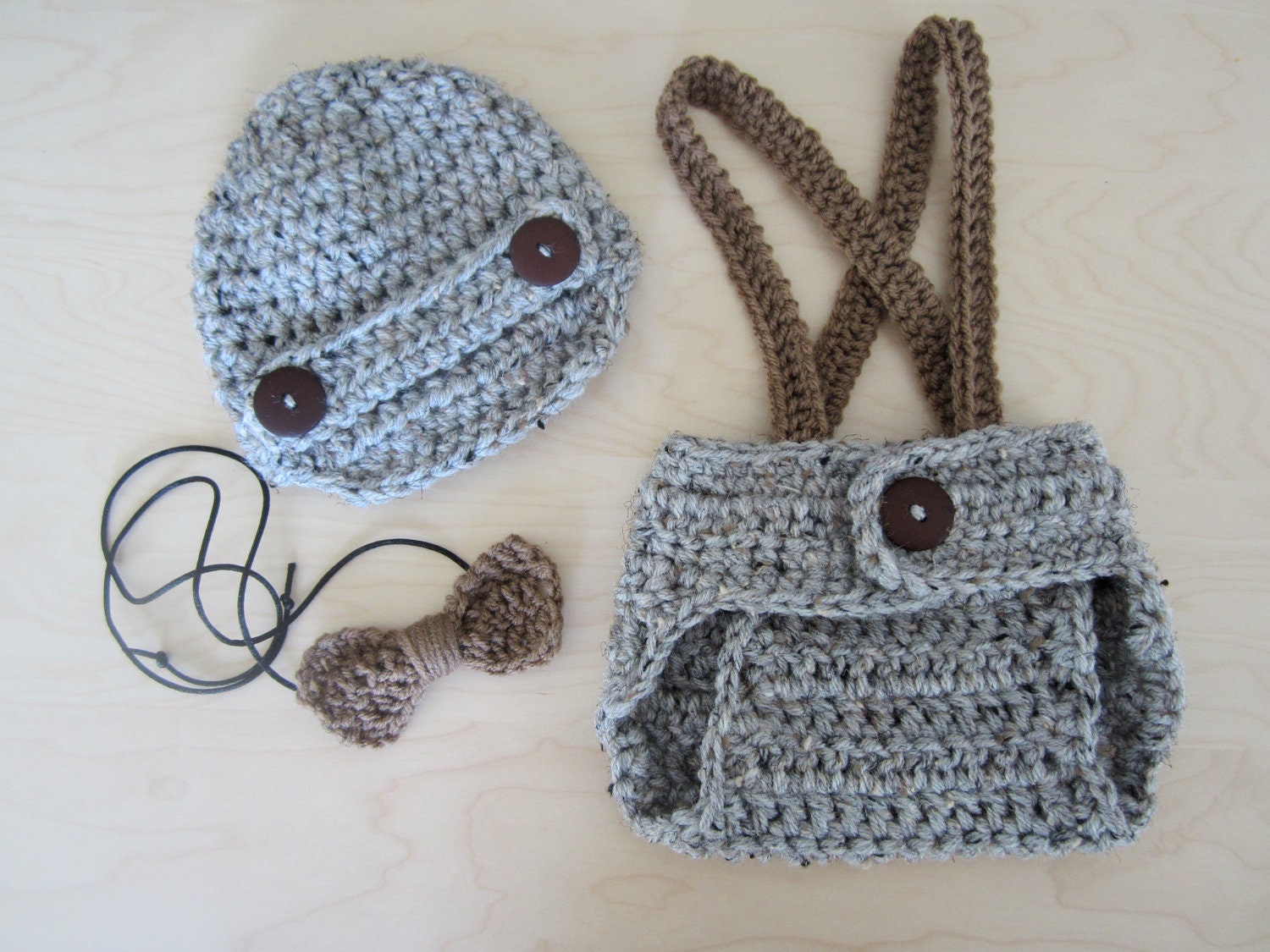 Crochet Newborn Baby Boy Photo Prop Set Grey Marble Newsboy Hat Diaper Cover Light Brown Suspenders Bow Tie