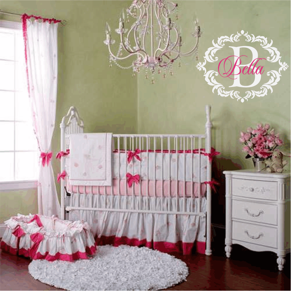 Name and Initial Vinyl Wall Decal Shabby Chic Damask Border Personalized Monogram Wall Decal Girl Baby Nursery Room Wall Art 22Hx28W FS237