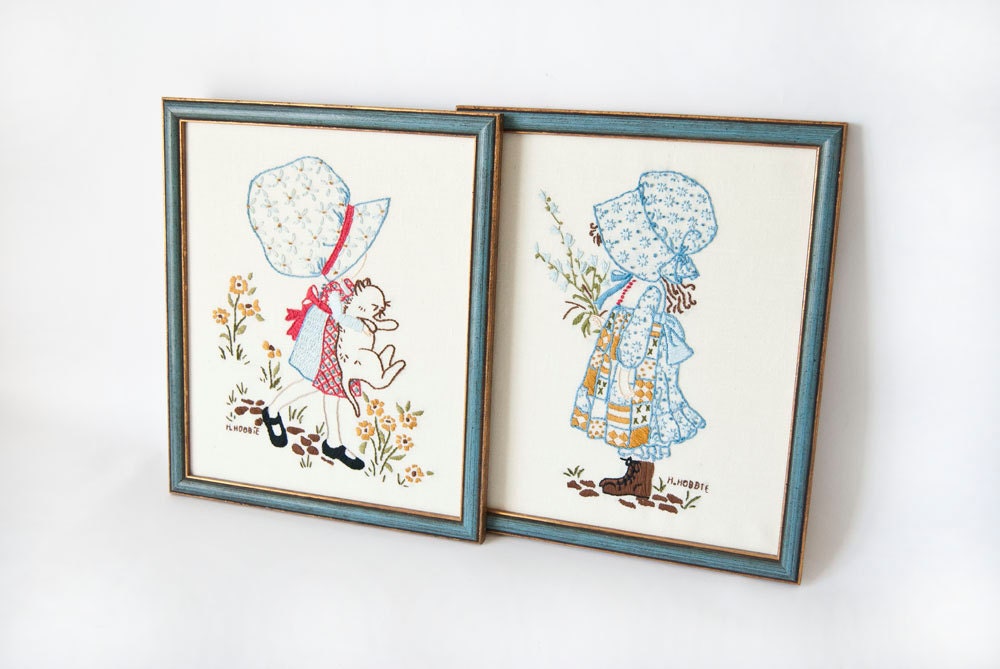 Holly Hobbie Embroidery Framed Pictures 1980s Nursery Childrens Room Decor