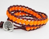 Orange wrap bracelet - beaded leather wrap - bohemian leather jewelry - orange and brown bracelet - tree of life jewelry
