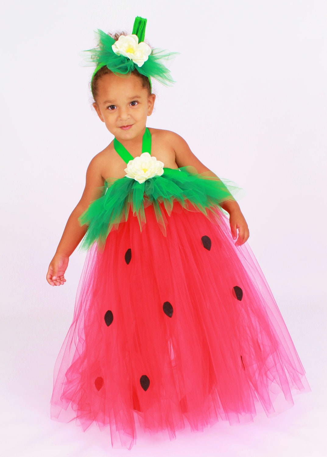 Tutu Dress - Strawberry Birthday or Halloween Costume - Red & Green - Berry Beauty - 5-6 Youth Girl Il_570xn