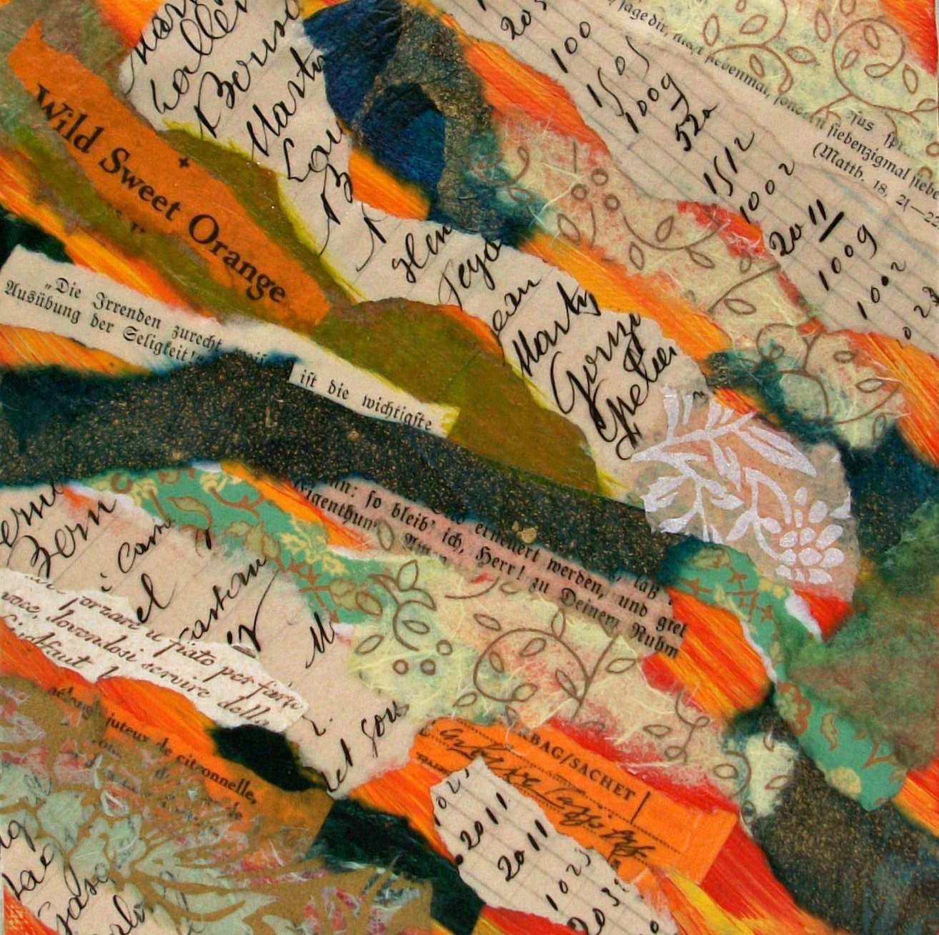 Original Abstract Torn Paper Collage, Mixed Media Collage, Orange, Teal, Green, 6x6, home decor