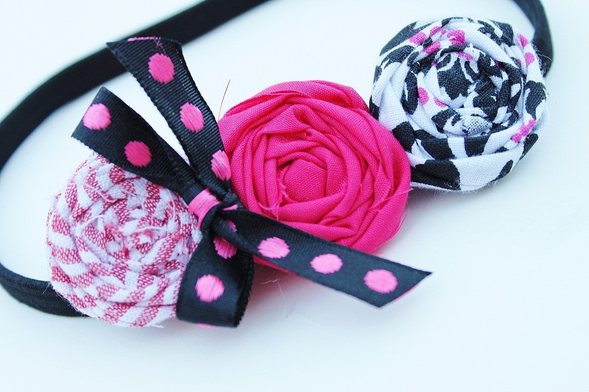 baby headband, infant headband, newborn headband, fabric flower, polka dot hair bow, twisted rosette, three, girl gift, shower gift