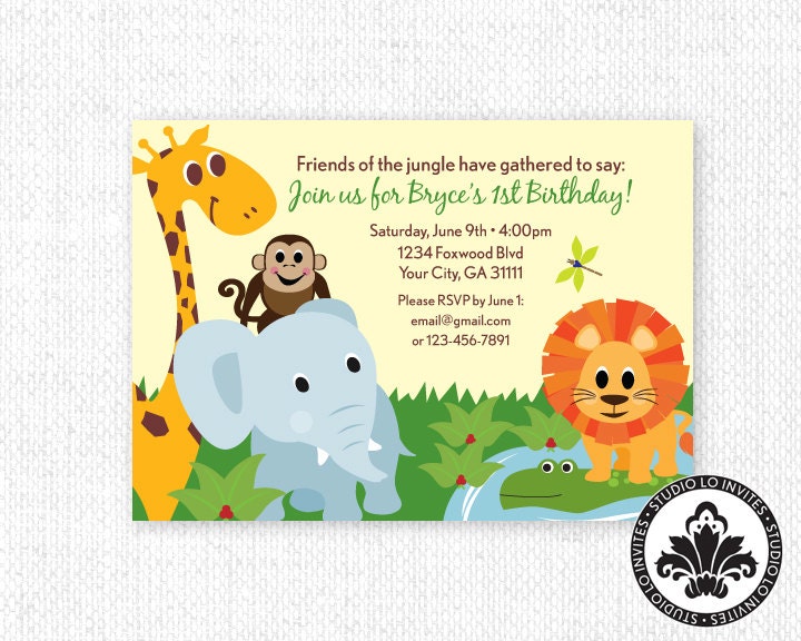 Jungle Buddies 1st birthday or baby shower invite. Lion, monkey, elephant and giraffe. PRINTABLE. StudioLO2011