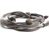 Gray Wrap Bracelet, Leather wrap, Boho bracelet, suede, double wrap, boho chic, silver and black fashion beads - CamillaLimon
