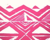 SALE CLEARANCE Fun Abstract Aztec Tribal Inspired Pattern Art Block Print 5 x 7 Home Decor / Magenta-Hot Pink / Hand Pulled Linocut