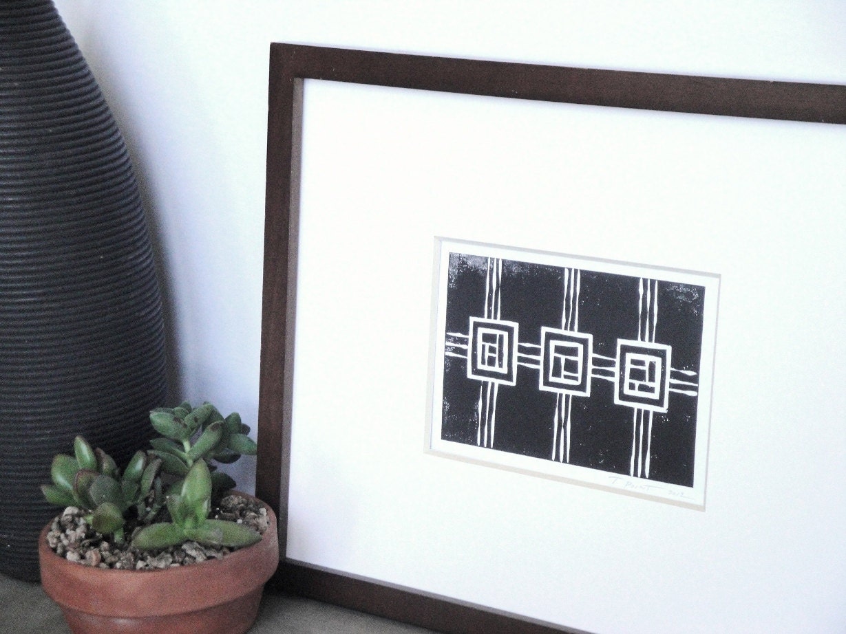 Minimalist Squares and Modern Lines Linocut Art Print / 4 x 6 Home Decor / Black, Turquoise, Gold, Mint Green