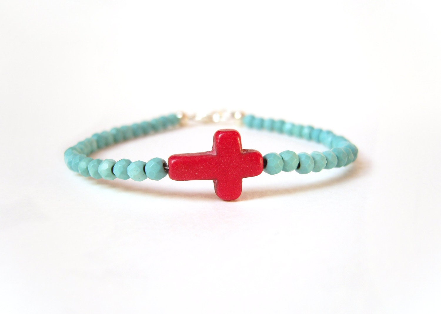 Sideways Cross Bracelet, Red and Turquoise Bracelet, Gemstone Jewelry, Under 25