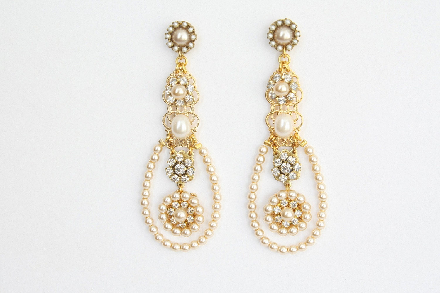 Bridal Chandelier Earrings,Golden Filigree and Swarovski Crystal Rhinestone and Pearl Chandeliers,Victorian Earrings,Ivory Cream Pearls