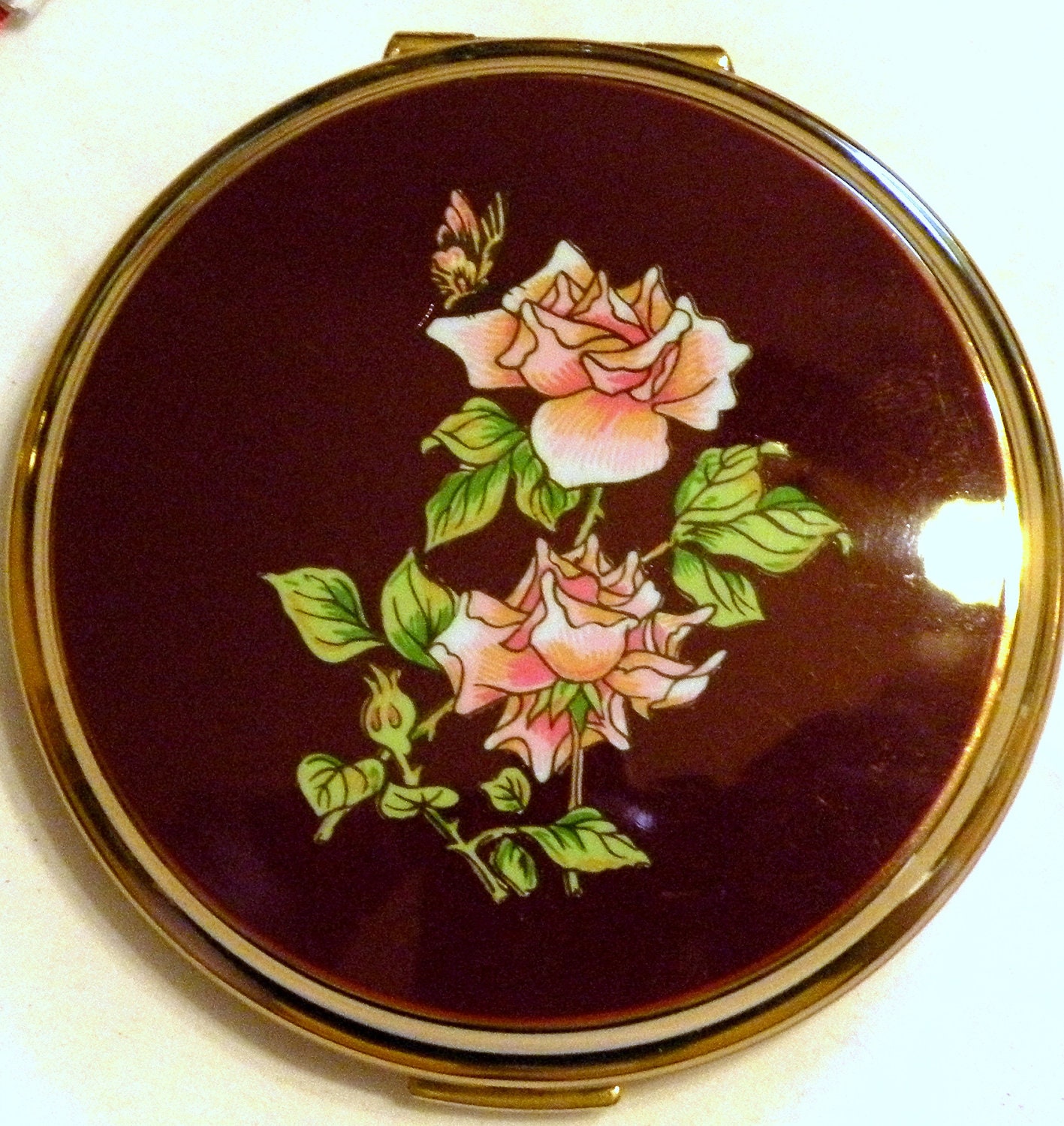 Vintage KIGU Powder Compact  Mirror Pink Roses