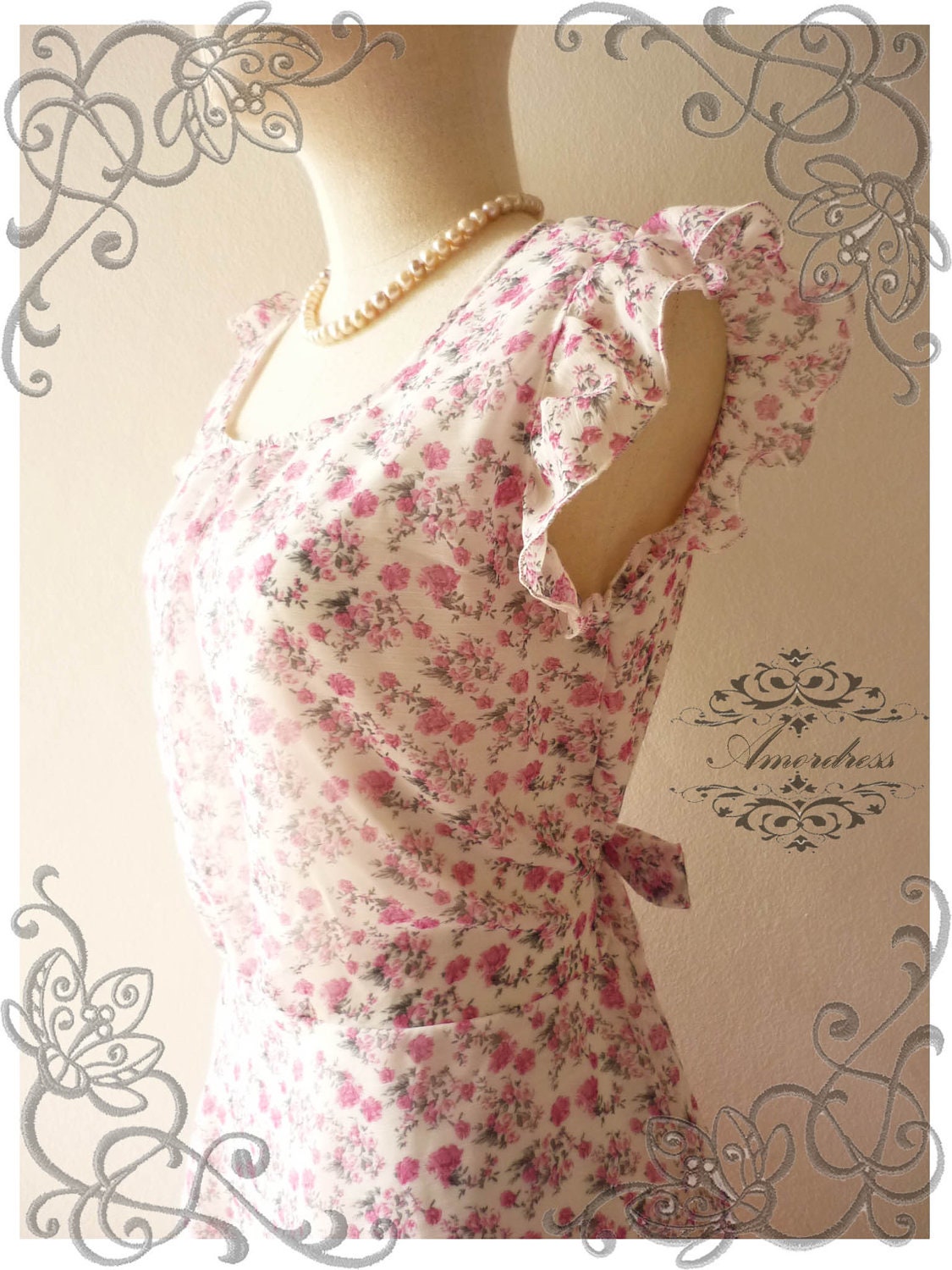 Amor Vintage Inspired Pink Floral Heaven Floral Sweet Chiffon Dress -Fit Size S-M- SALE