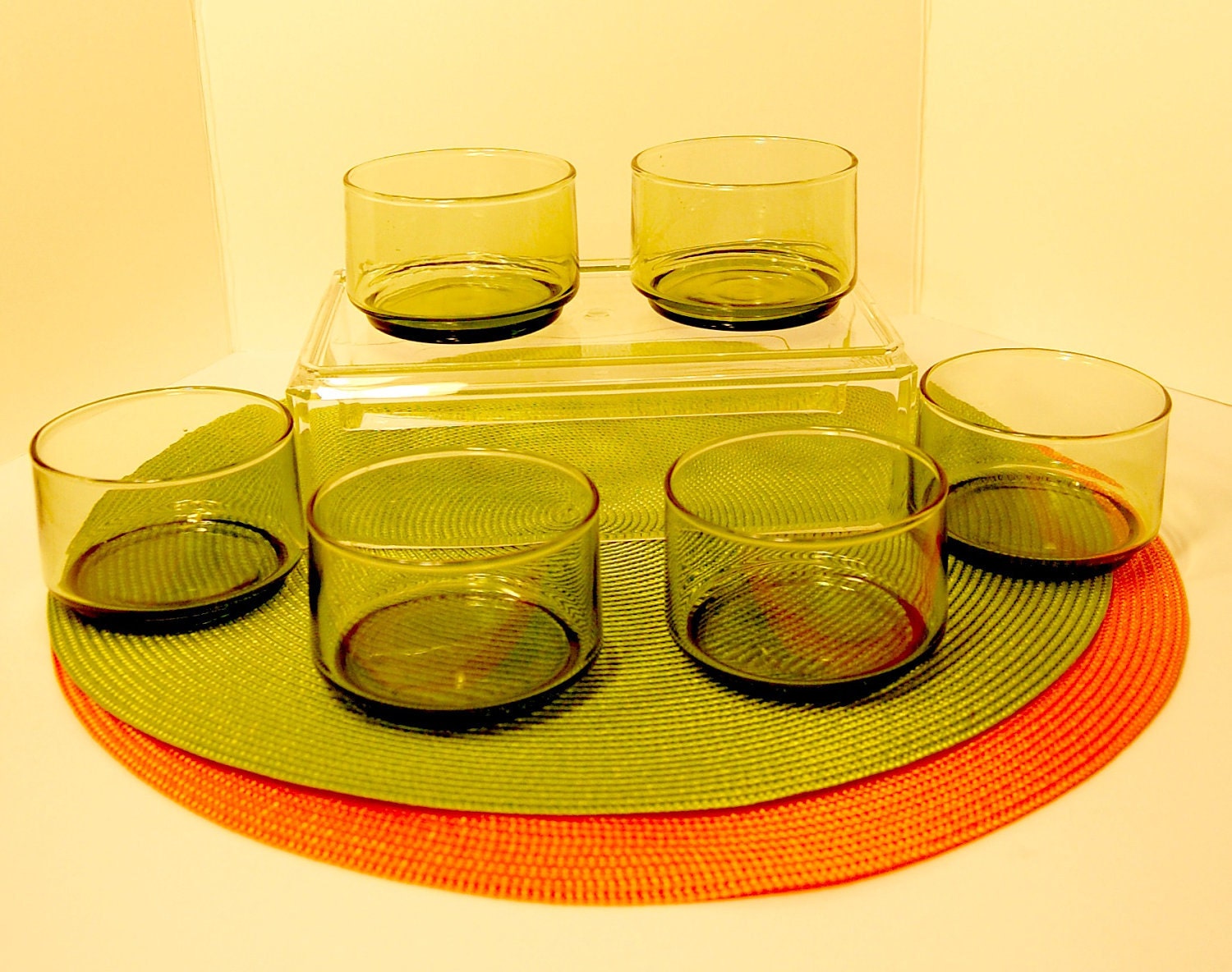 Mid Century Green Glass Stacking Dishes - Set of 6
