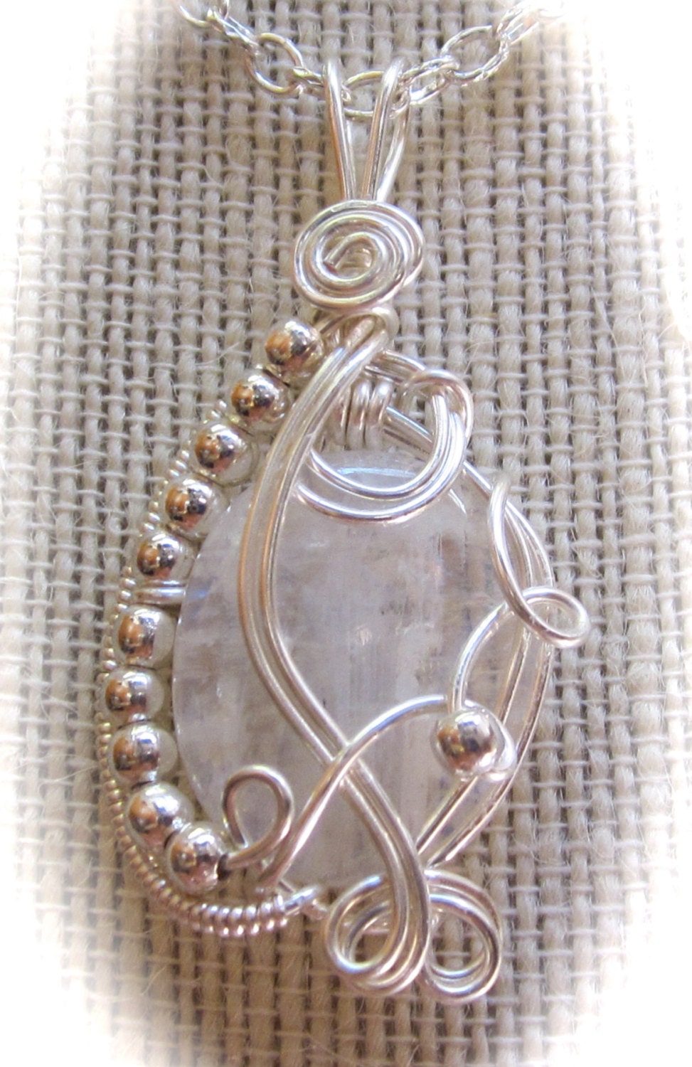 Rainbow Moonstone Cabachon & Silver Wire Wrapped Pendant