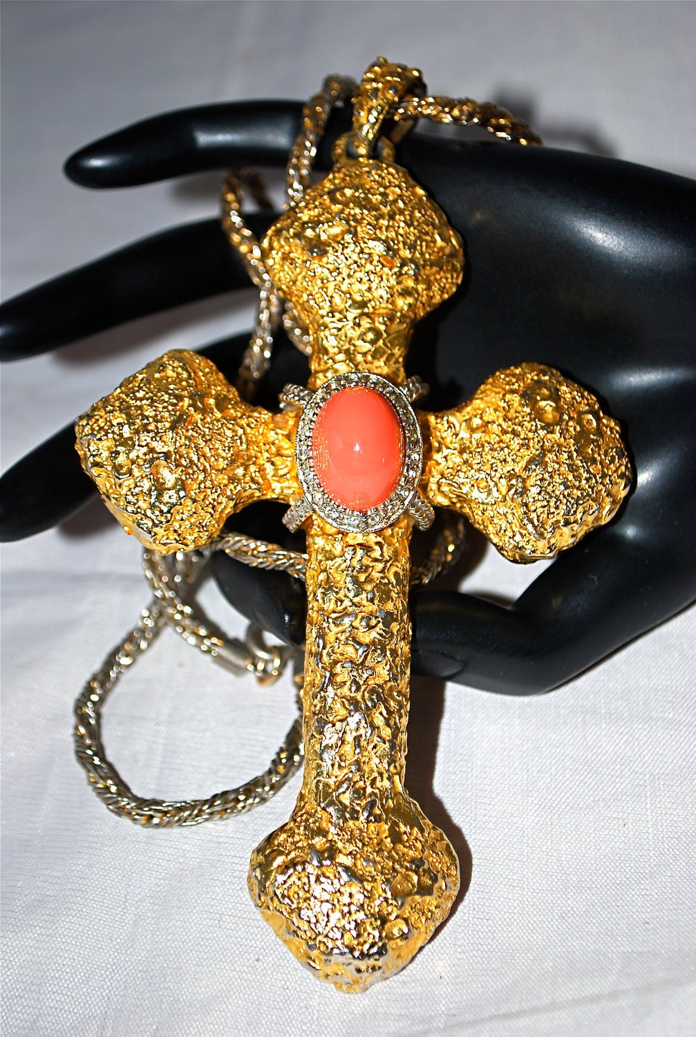 RESERVED For KATE Vintage 1970's Kenneth Jay Lane KJL Huge Runway Coral Cabochon Rhinestone Cross Necklace