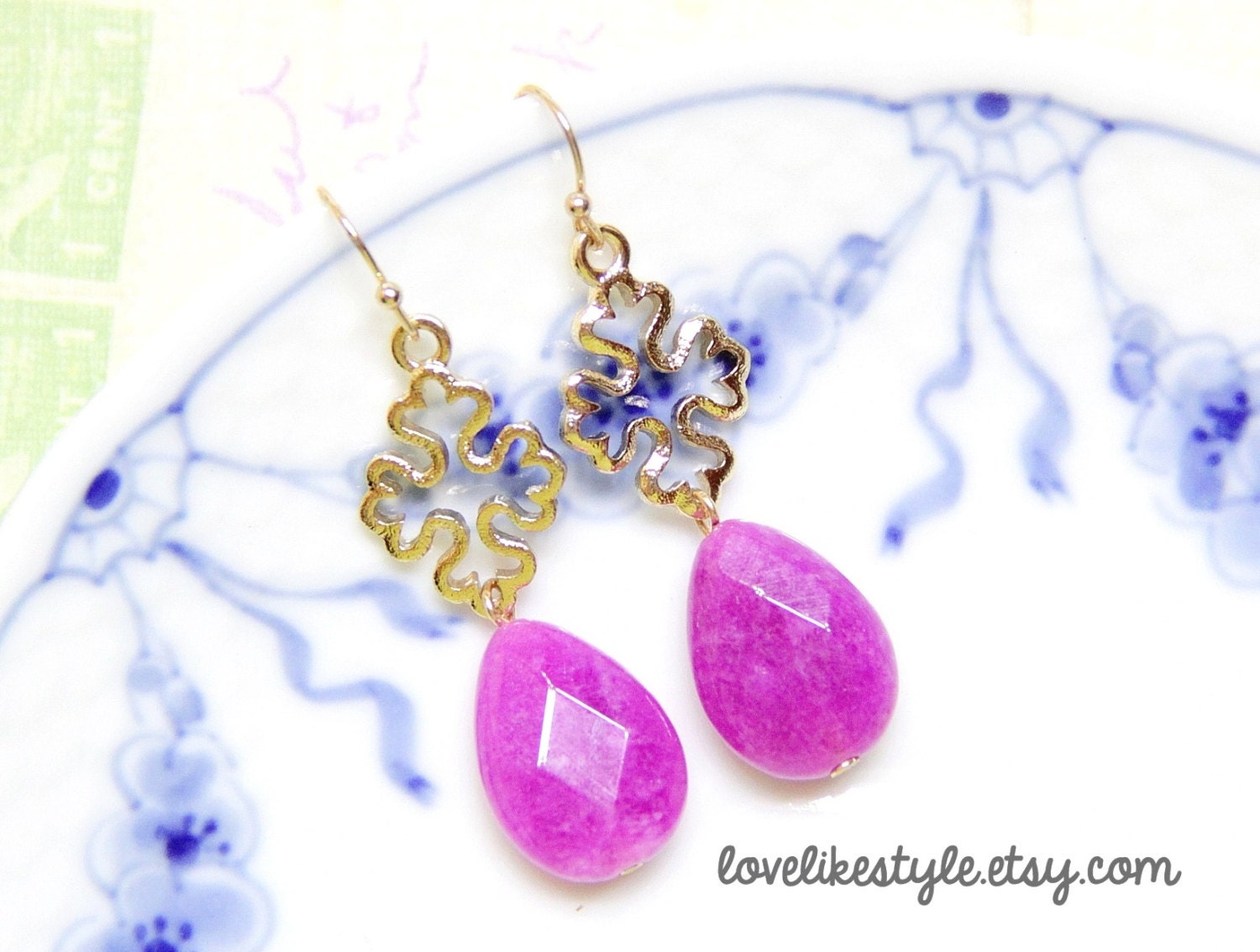 Magenta Stone Gold Charm Dangle Earrings, Bridal Earrings, Bridesmaid Earrings