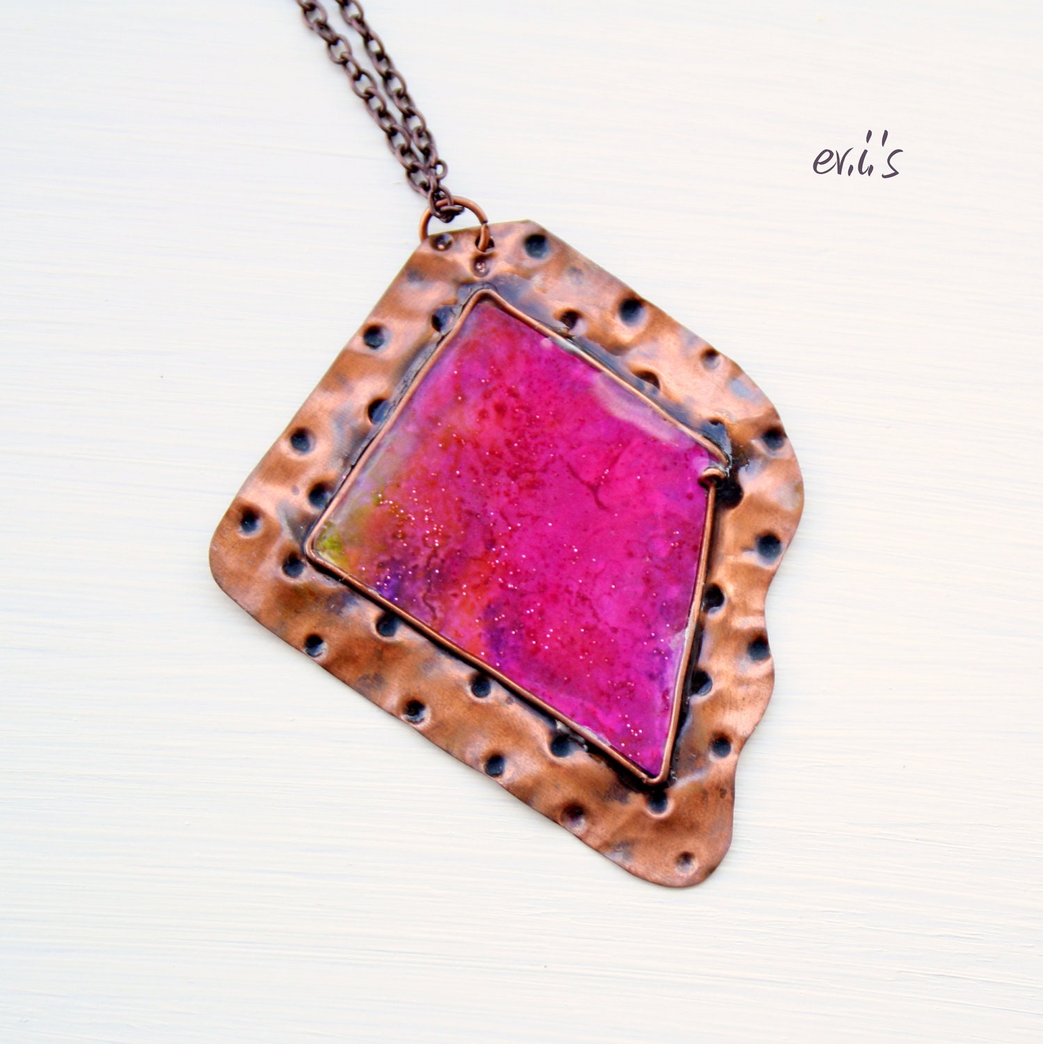 RESERVED Handcrafted Oxidized Copper Dot Hammered Textured Soldered Square Pendant with Pink Paper and Resin Metalwork Gift for Her
