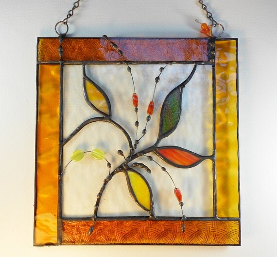 panel Abstract Glass Art.  abstract Framed Art painting With glass Panel. Leaves. Stained