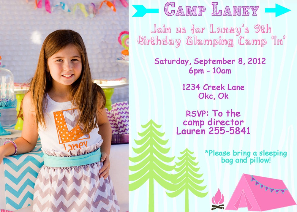 Glam Camping Invitation - Girls Camping Party - PRINTABLE Photo Invitation and Thank You Card - Glamping Il_570xn