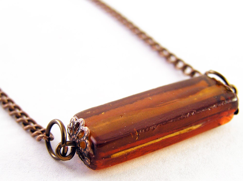 Amber glass choker necklace. Rectangle bead wih copper bead caps. Vintage style jewelry