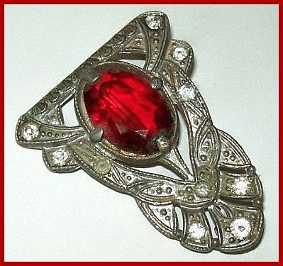 Victorian Red Rhinestone Brooch Pin Signed Clover Logo C Clasp Pot Metal Vintage1 3/4" VG