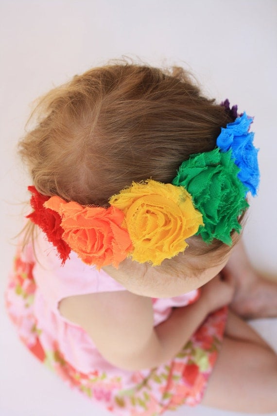 The Rainbow Flower Crown Headband - Shabby Chic Flower Headband Colors of the Rainbow - Shabby Chic Little Girl Headband - Made to Order