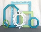 Coastal Painted Ornate Vintage Frames Collection set of 6- Aqua Teal Greens and White.. Upcycled Frames