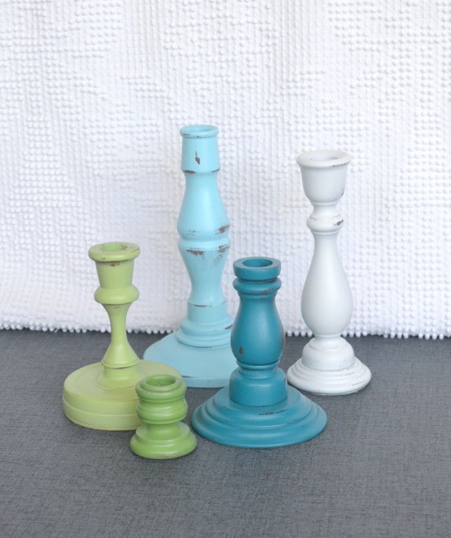 Reserved for Tracey...Coastal Cottage Candleholders - Aqua Teal Greens White Painted and Upcycled Shabby Chic Wood Candle holders Set of 5