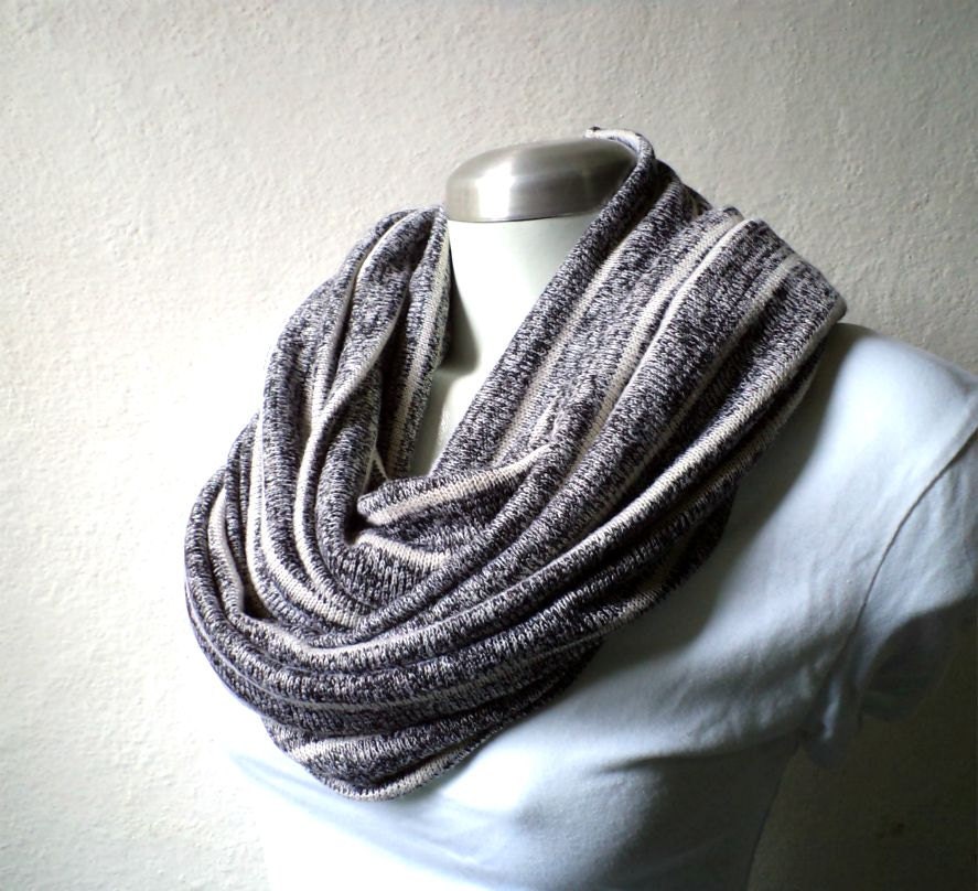 UNISEX. flecked striped black and white Infinity scarf,cowl, chunky,  knit fabric.wide and extra long, chunky and cozy.