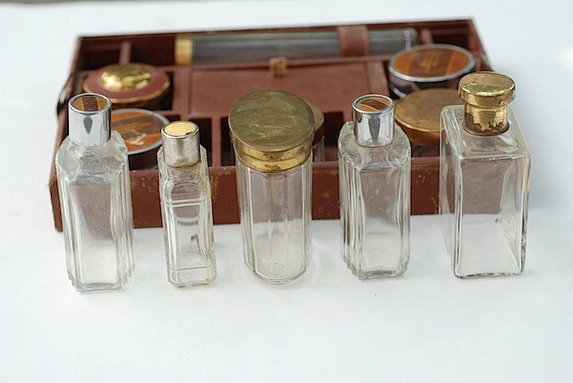 Antique Glass travel Containers, Grooming Case, Vintage Make Up Containers, Brass Hardware, Vintage Jars Brass Lids, Art Deco Travel Jars