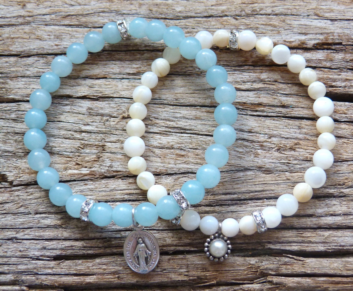 beachcomber aqua green amazonite rhinestone french religious charm bracelet