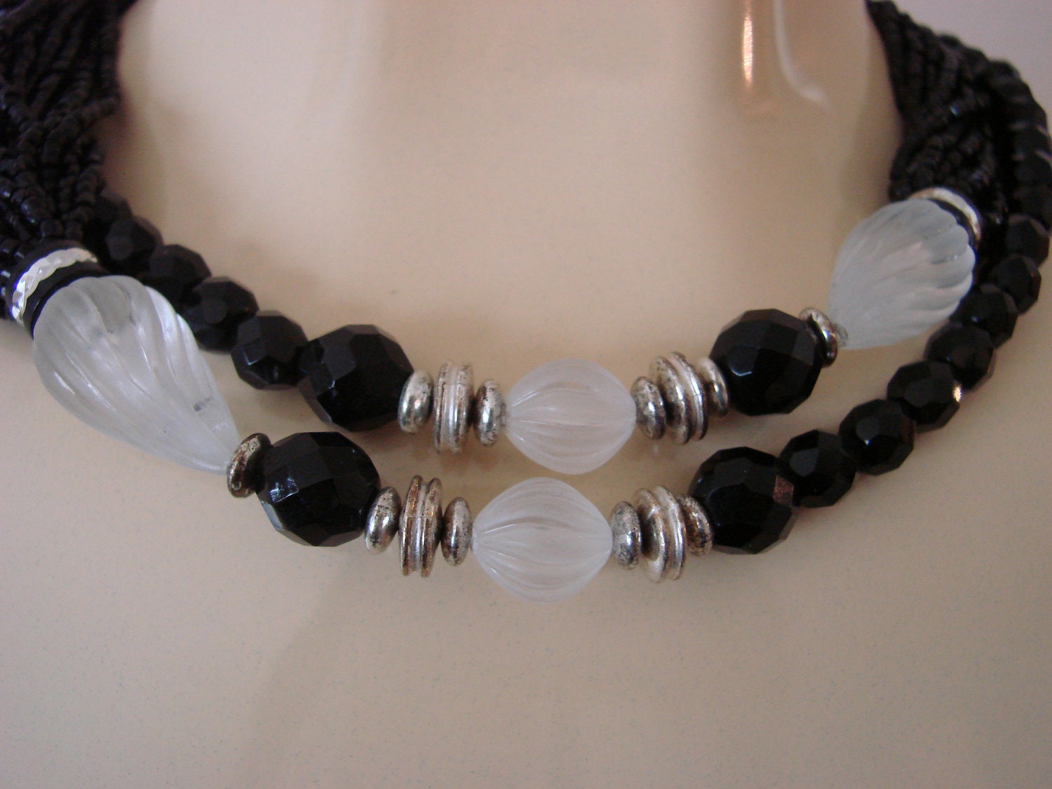 Reserved for Karen Dauplaise Multi-Strand French Jet Black Glass & Frosted Bead Necklace
