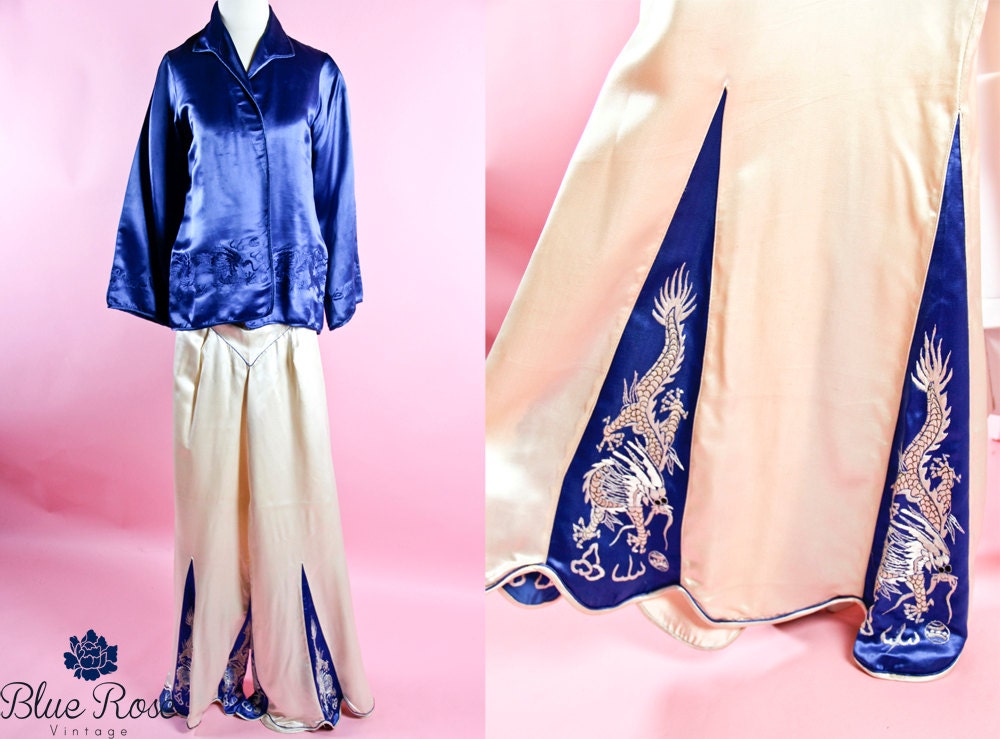 1940s silk pajamas / 40s silk lingerie / winter pajamas