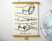Rock, Paper, Scissors - Mini Vintage Style "Pull Down" Educational Chart Wall Hanging Print on Fabric with Stained Wood Trim (8"x10.75") - GrittyCityGoods