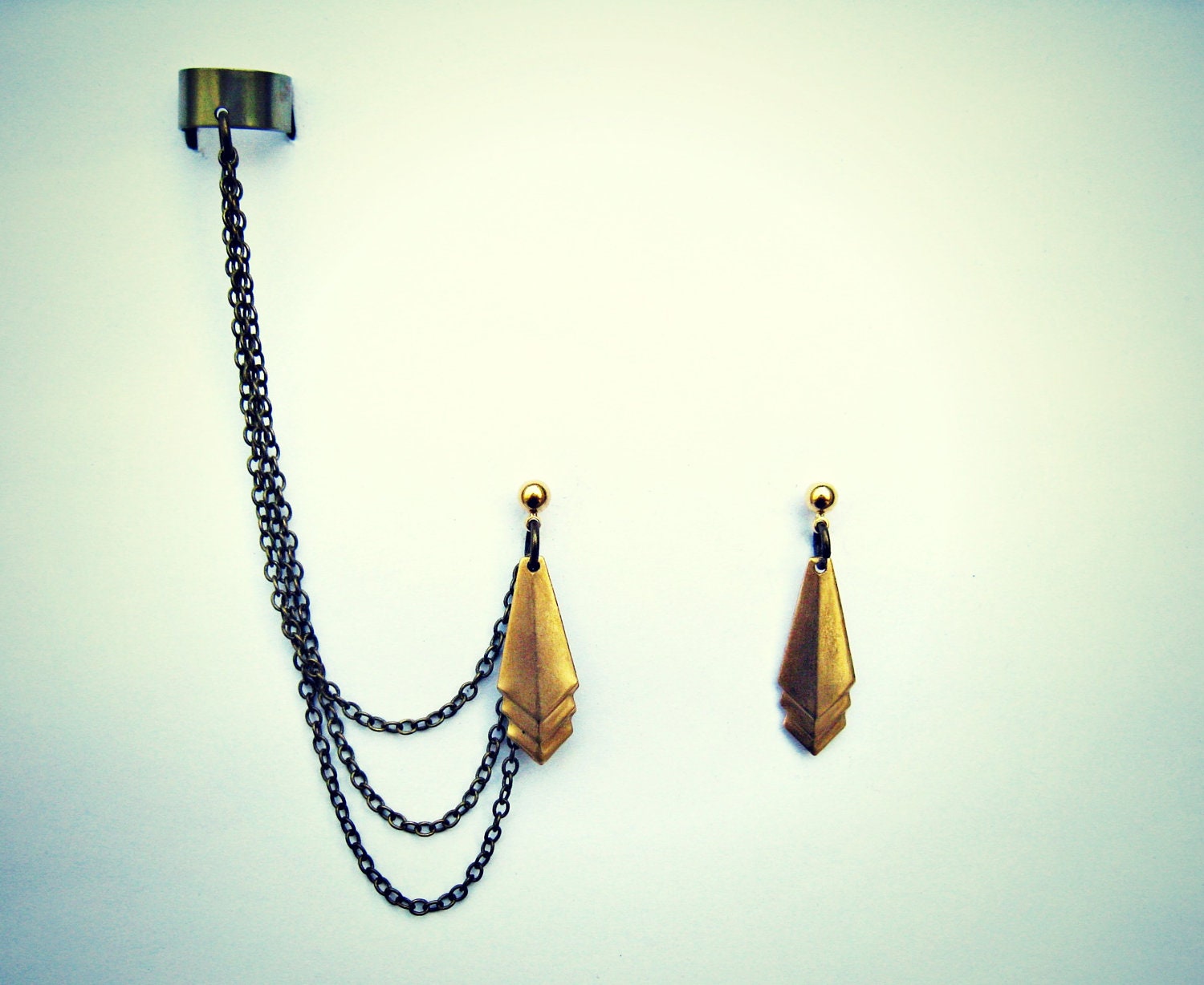 layered triangle ear cuff earrings, chains ear cuff, triangle earrings, boho earrings, ear cuff with chains