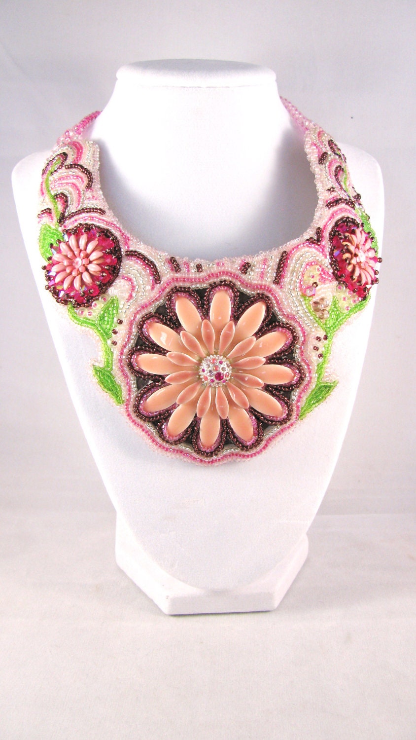 SALE Bead Embroidered Necklace Pink Purple Green Hot pink Flower Daisy OOAK Upcycled
