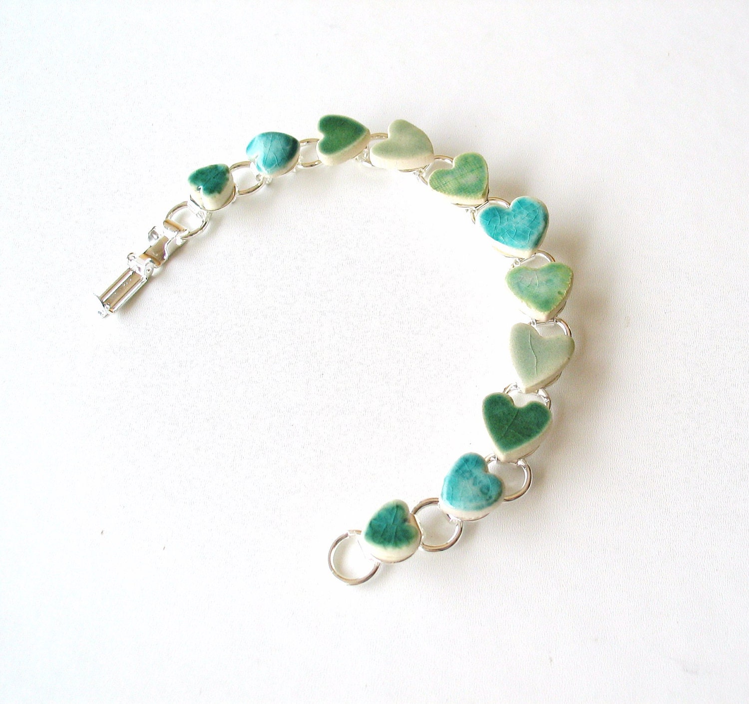 Emerald heart bracelet turquoise green ceramic hearts love words Summer colour - damsontreepottery