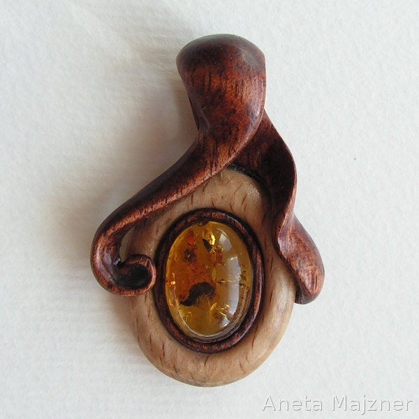 Hand carved wooden pendant with beautiful real baltic amber Unique Jewelry