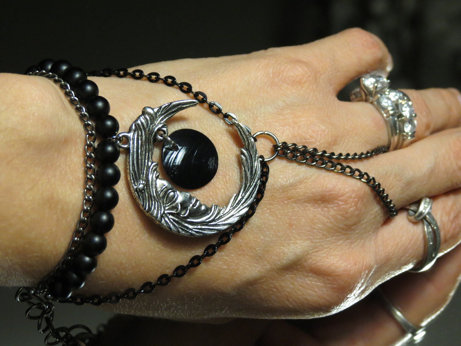 Eclipse black moon "Slave Bracelet" Ring. Crafted with Gunmetal Chains. Adjustable. 6" and up. Gothic.
