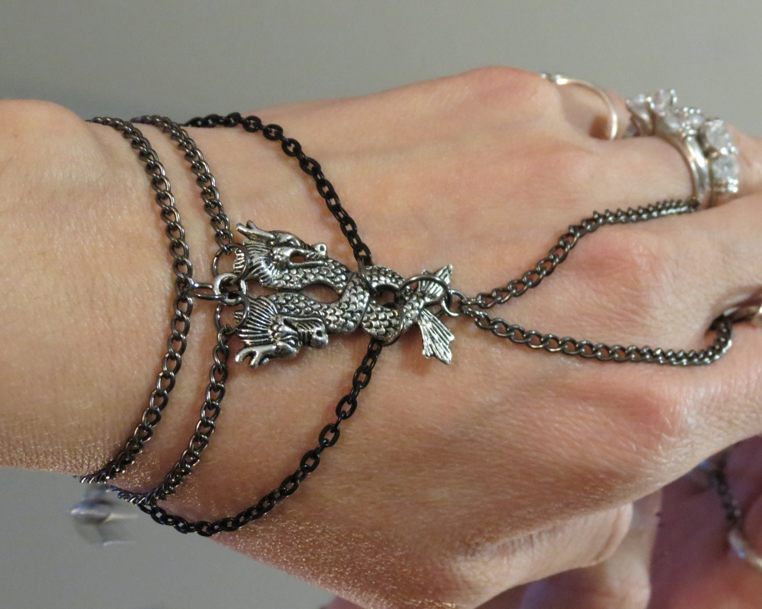Dragon Gunmetal "Slave Bracelet" Ring. Double Dragon Pendant Charm. Gothic, Renaissance Adjustable Bracelet. Fits 6" Wrists and up.