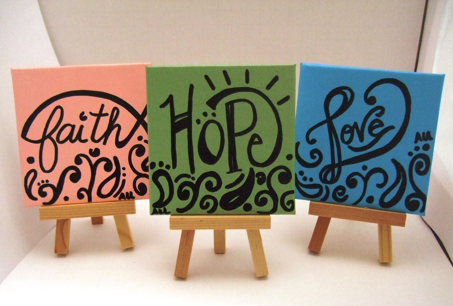 FAITH HOPE and LOVE canvas and easel set 1 Corinthians 13:13 Original Paintings