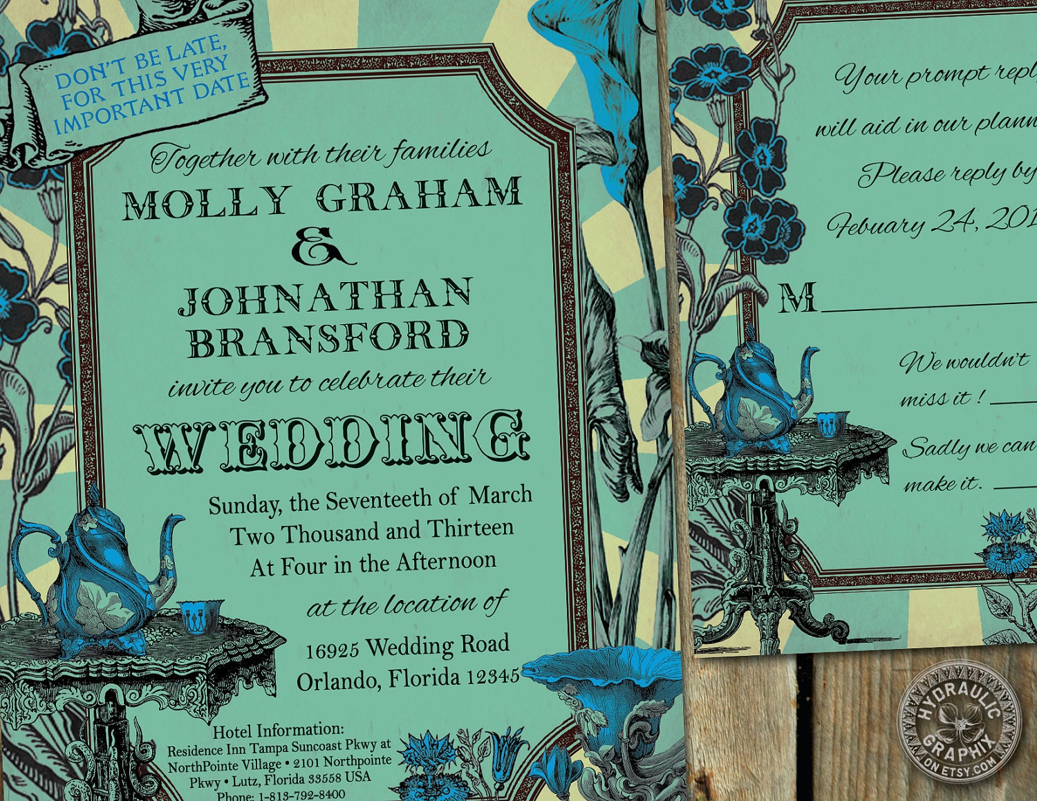 Alice in Wonderland Mad Hatter tea Party Inspired wedding Invitation and RSVP card Il_570xn