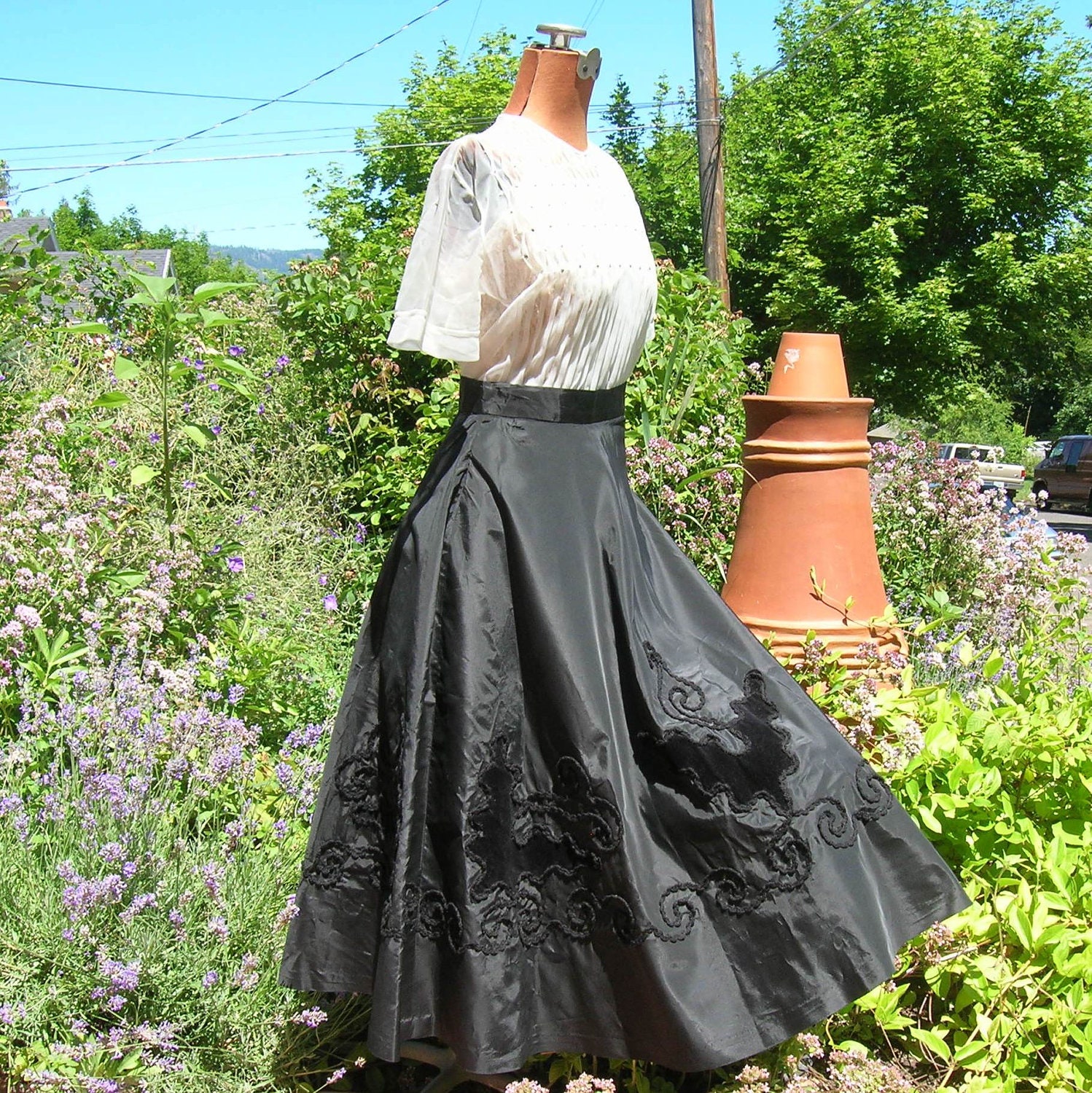 Vintage S Black Taffeta Circle Skirt Braid Trim