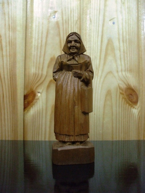 Old Antique Handmade Sculpture - Carved Wood Standing Woman With Bag Statue 5.0 inch