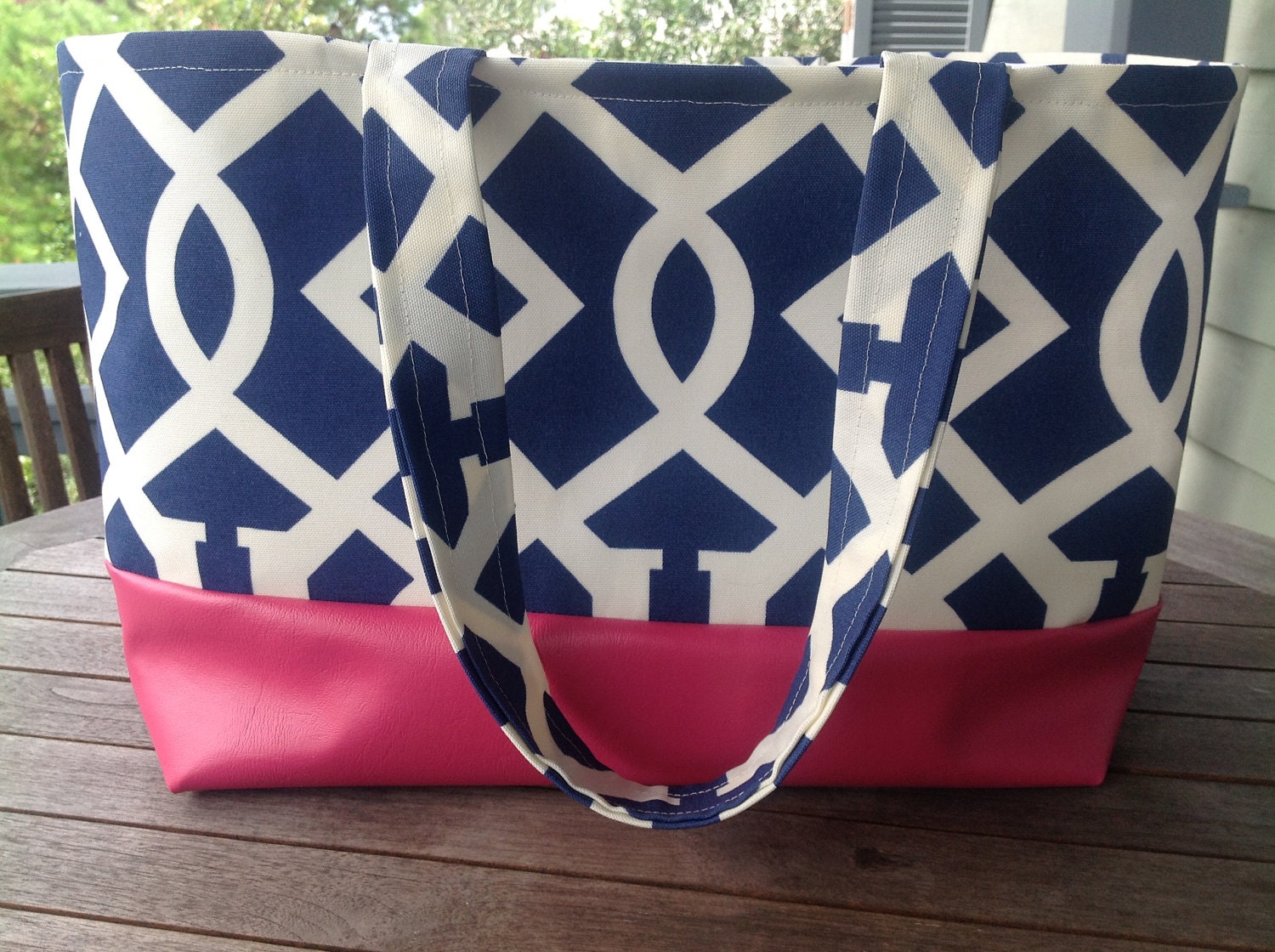 Large Pool Beach Bag Blue Outdoor Fabric and Pink Marine Vinyl