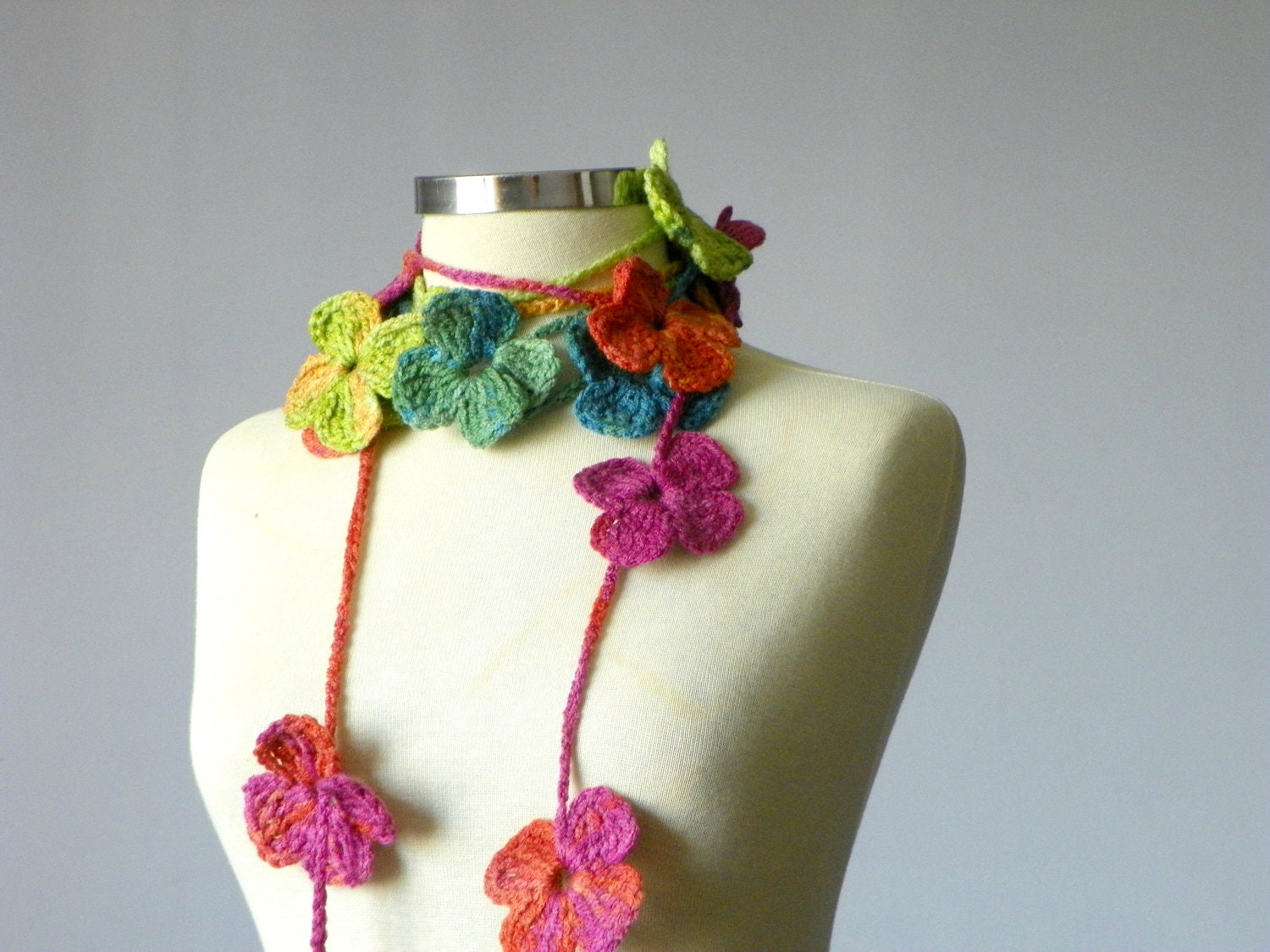 Crochet lariat scarf, handmade crochet flower neckwarmer autumn fall winter fashion women accessories, christmas gift idea, rainbow colors