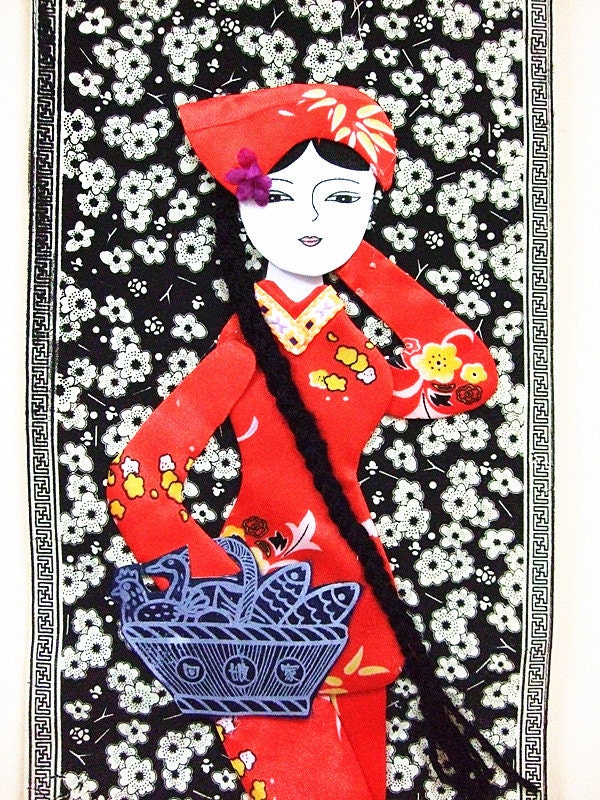 Handmade Chinese Fabric Wall Hanging: oriental wall decor of leftover-cloth-pasting painting,countryside girl
