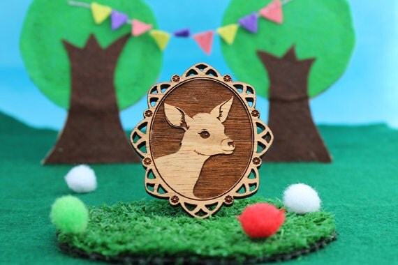 Wood laser cut brooch Adorable and cute little bambi deer fawn cameo