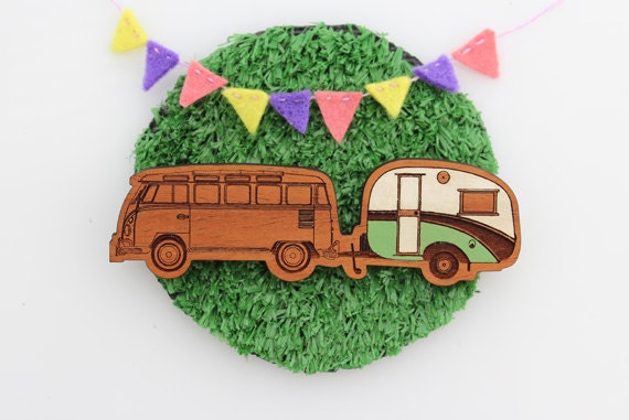 Wood laser cut brooch Cosy vintage Caravan and Kombi combo Hand painted green and white