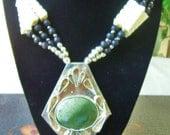 Fantastic Vintage Runway Necklace With Carved Bone Onyx and Bloodstone Very Unusual Tribal Focal Point
