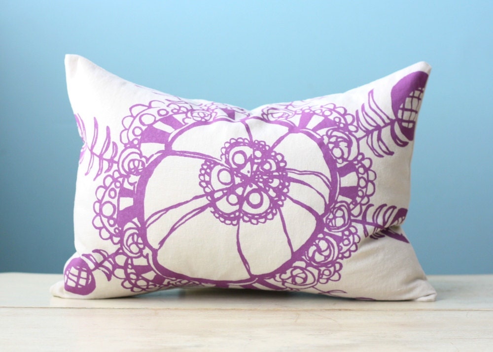 Pumpkin Blossom Flower Cover Decorative Cushion Throw 12x16 Lumbar Modern Design Fig Purple Hand-Printed Screen Print Hostess Gift